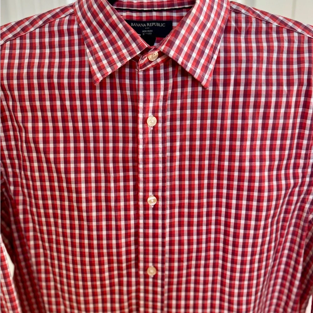 Banana Republic Men M Slim Fit Red Gingham Check LS Button Down Dress Shirt
